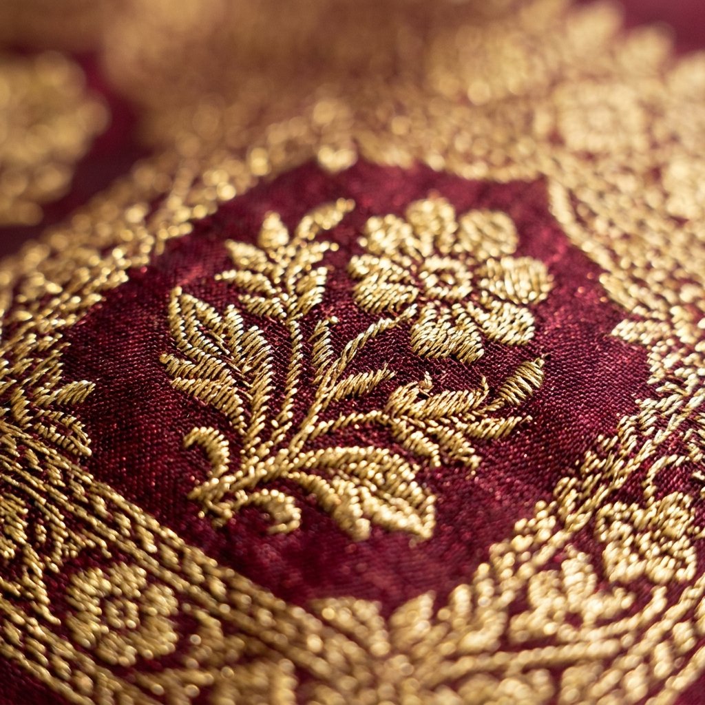 Detailed close-up on heavy gold brocade pattern drapes