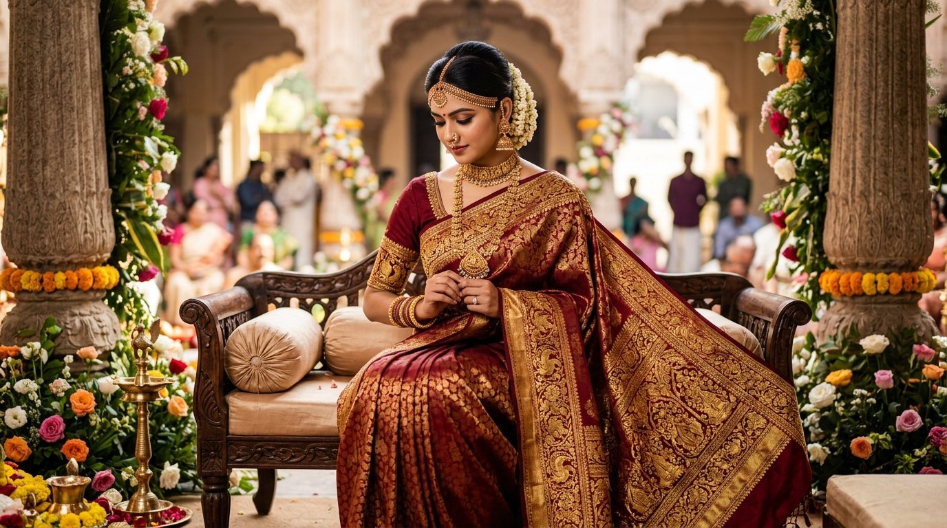Detailed gold brocade wedding silk saree backdrop